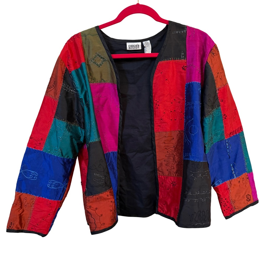 Chico's Design Silk Patchwork Jacket Size 2 Sz 12 Embroidered‎ Boho Artsy Y2K